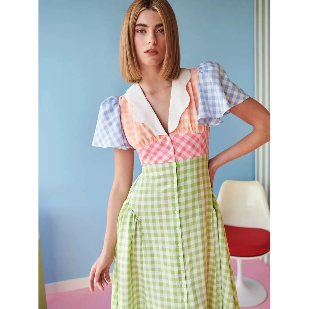 CeliaB Women Cotton Tabi Midi Dress Medium Multicolor Gingham Flutter Maximalist - Picture 2 of 12